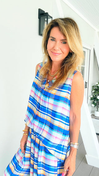 Sunshine Plaid Italian Sleeveless Top- Blue