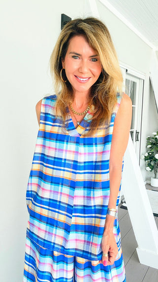Sunshine Plaid Italian Sleeveless Top- Blue