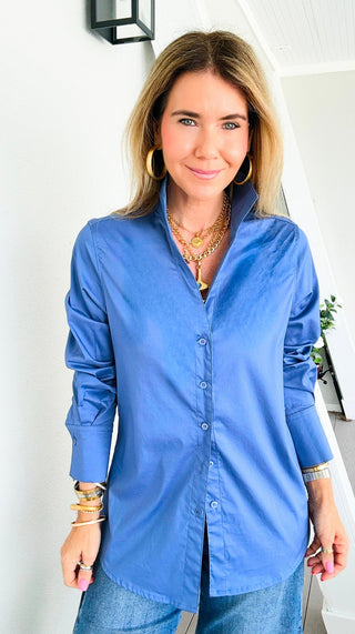 Sutton Italian Button Up Blouse- Steel Blue