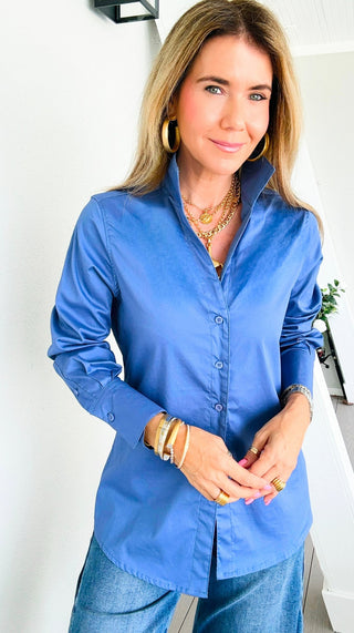 Sutton Italian Button Up Blouse- Steel Blue