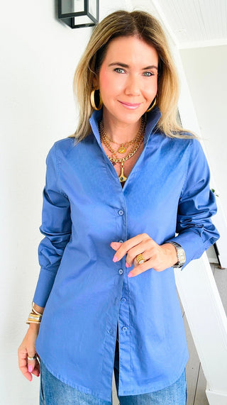 Sutton Italian Button Up Blouse- Steel Blue