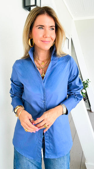 Sutton Italian Button Up Blouse- Steel Blue