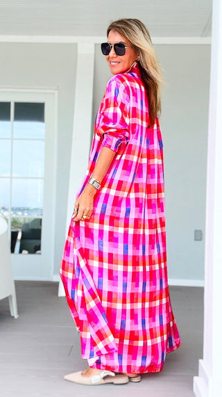 Sweet Check Italian Button Long Dress