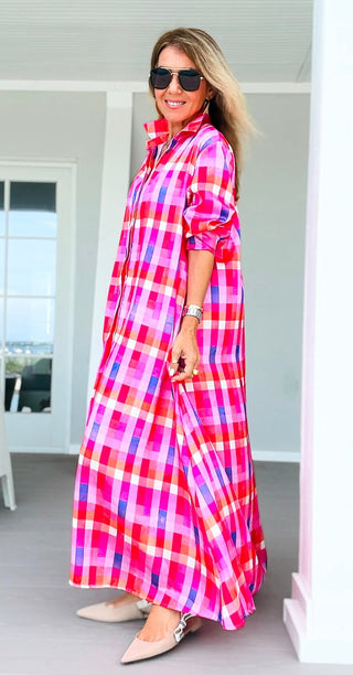Sweet Check Italian Button Long Dress