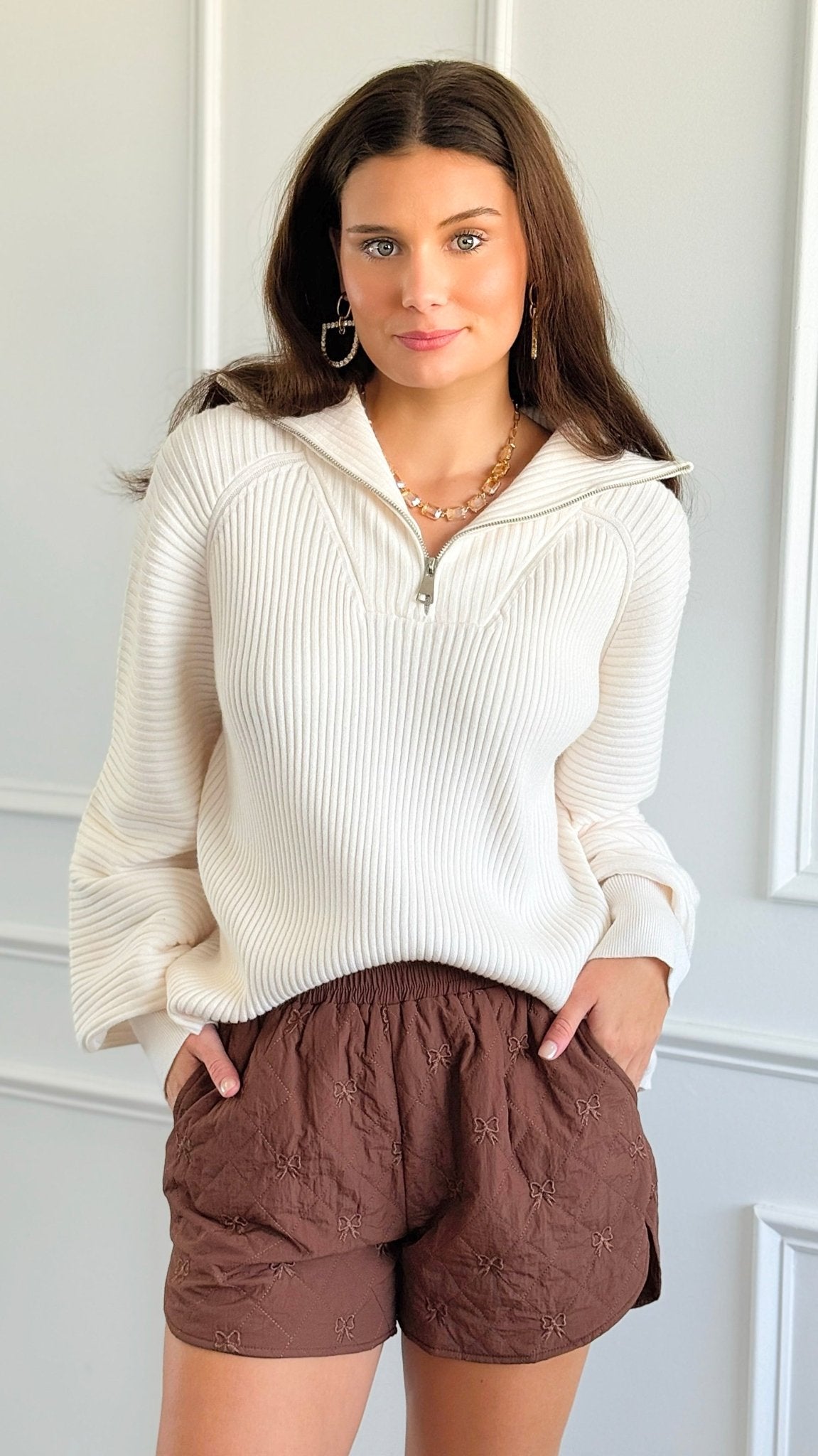 Sweet Stroll Bow-Quilted Shorts - Espresso-170 Bottoms-Umgee-Coastal Bloom Boutique, find the trendiest versions of the popular styles and looks Located in Indialantic, FL