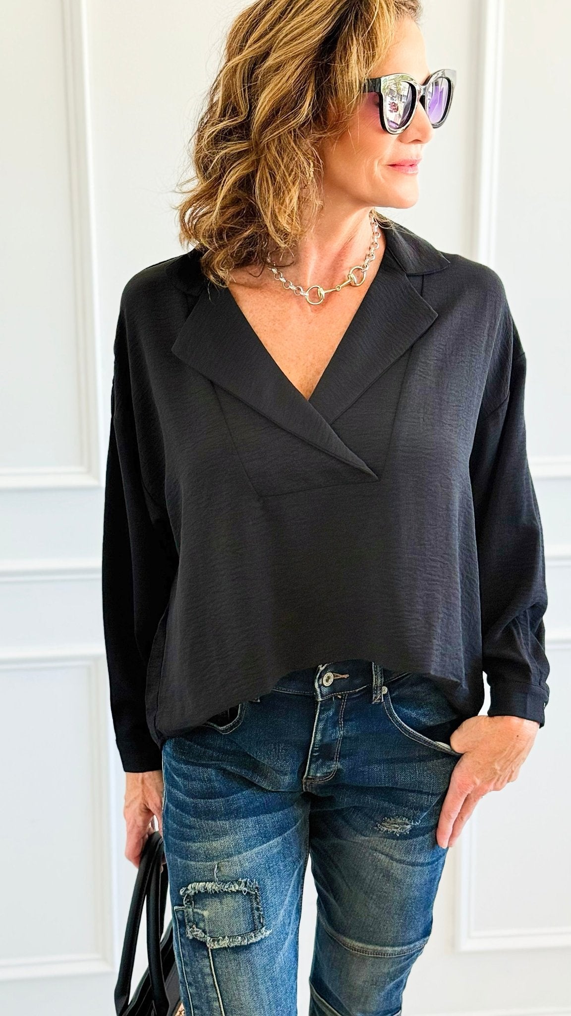Textured Treasure Woven Top-Black-110 Long Sleeve Tops-LIME 'N' CHILI-Coastal Bloom Boutique, find the trendiest versions of the popular styles and looks Located in Indialantic, FL