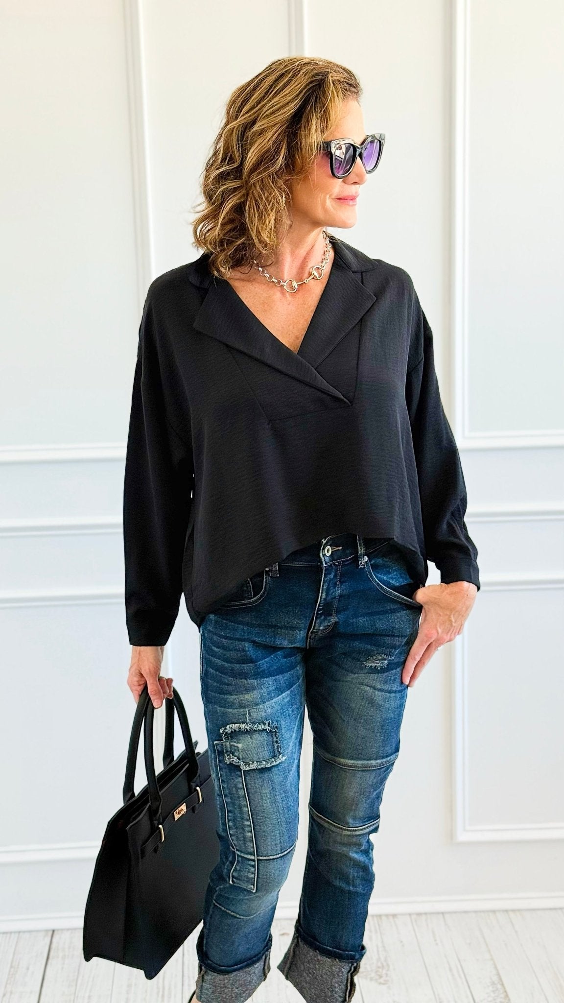 Textured Treasure Woven Top-Black-110 Long Sleeve Tops-LIME 'N' CHILI-Coastal Bloom Boutique, find the trendiest versions of the popular styles and looks Located in Indialantic, FL