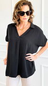 The Airflow Collared Top - Black-110 Short Sleeve Tops-Zenana-Coastal Bloom Boutique, find the trendiest versions of the popular styles and looks Located in Indialantic, FL