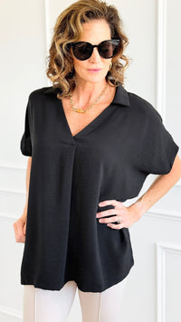 The Airflow Collared Top - Black-110 Short Sleeve Tops-Zenana-Coastal Bloom Boutique, find the trendiest versions of the popular styles and looks Located in Indialantic, FL