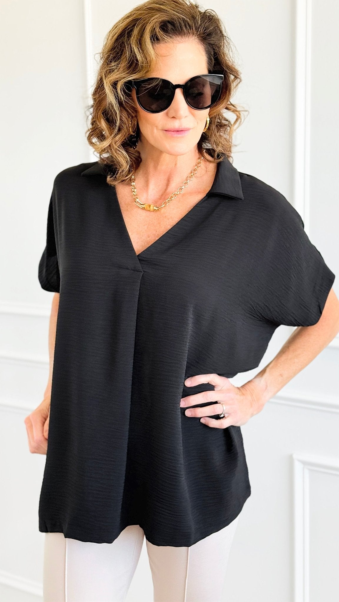 The Airflow Collared Top - Black-110 Short Sleeve Tops-Zenana-Coastal Bloom Boutique, find the trendiest versions of the popular styles and looks Located in Indialantic, FL