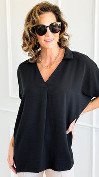 The Airflow Collared Top - Black-110 Short Sleeve Tops-Zenana-Coastal Bloom Boutique, find the trendiest versions of the popular styles and looks Located in Indialantic, FL