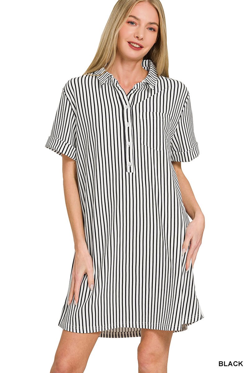 The Harbor Stripe Shirt Dress - Black