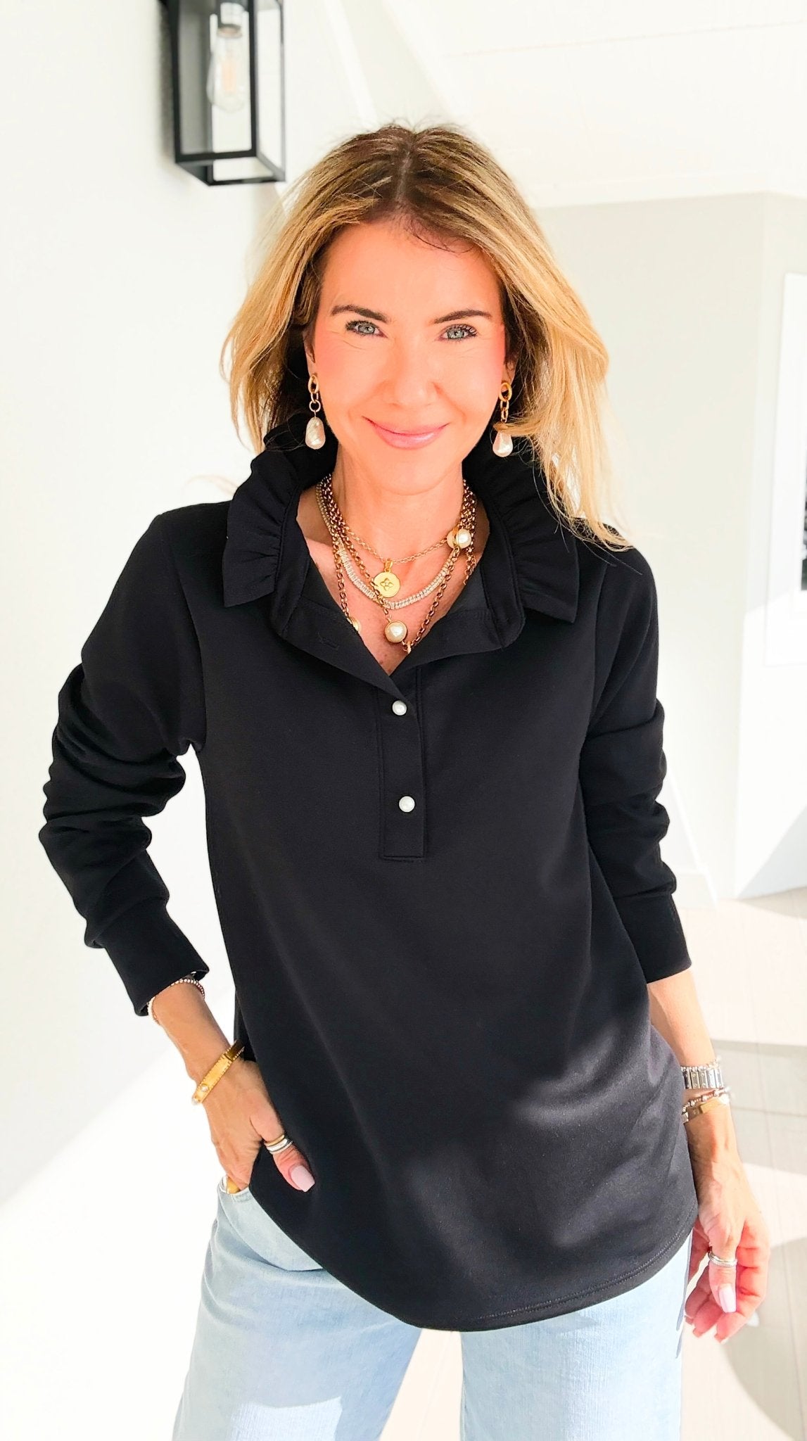 The Juliette Ruffle Long Sleeve Top- Black