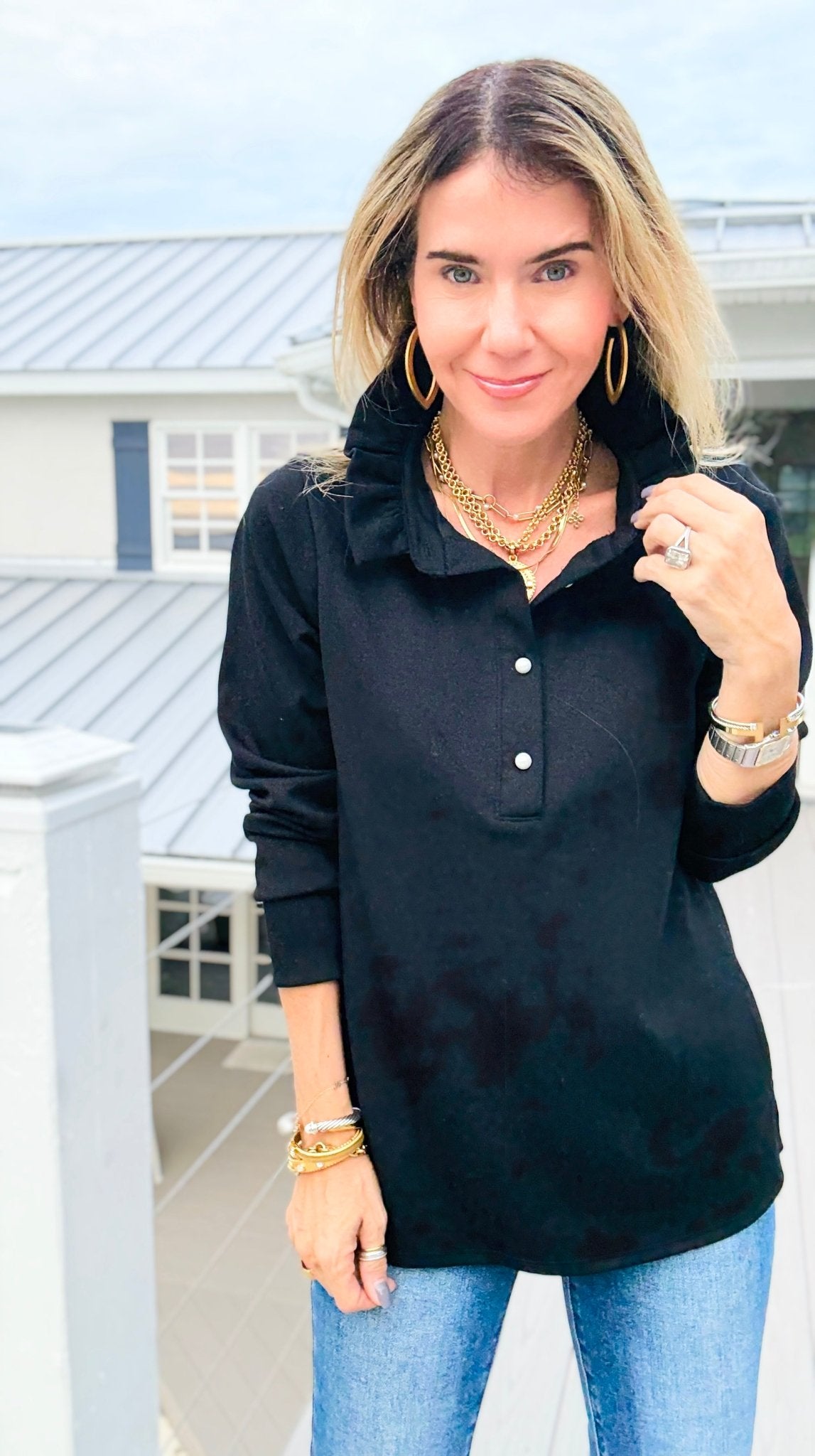 The Juliette Ruffle Long Sleeve Top- Black-110 Long Sleeve Tops-EC COLLECTION INC-Coastal Bloom Boutique, find the trendiest versions of the popular styles and looks Located in Indialantic, FL