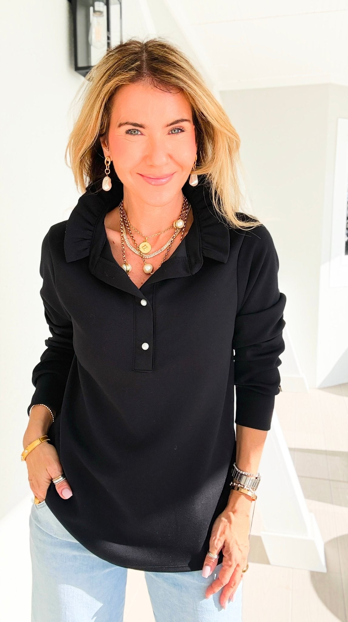 The Juliette Ruffle Long Sleeve Top- Black