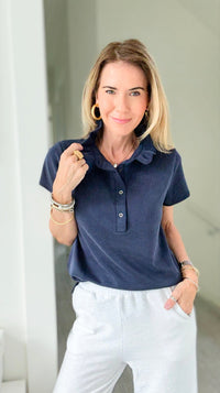 The Juliette Ruffle Top-Navy-110 Short Sleeve Tops-EC COLLECTION INC-Coastal Bloom Boutique, find the trendiest versions of the popular styles and looks Located in Indialantic, FL