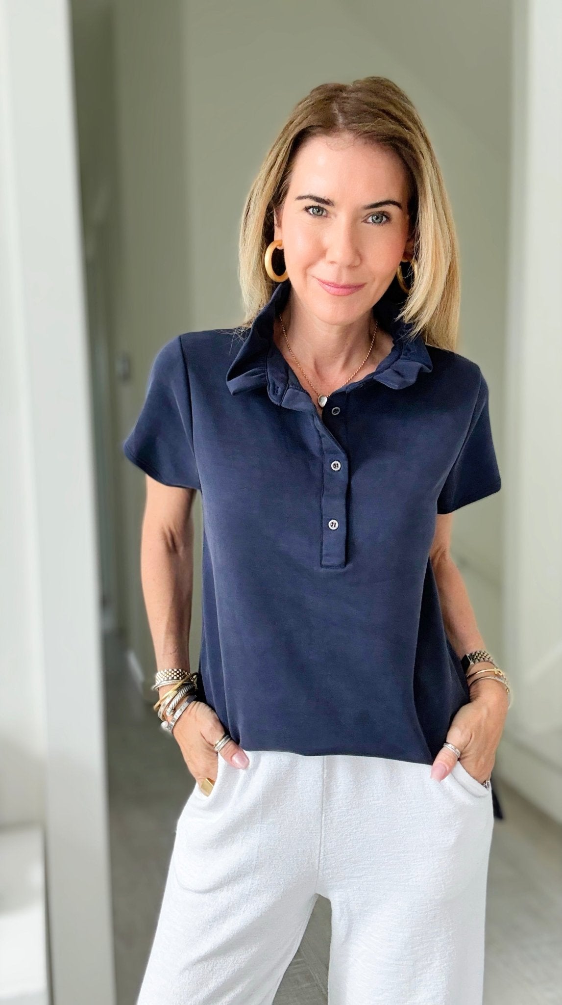 The Juliette Ruffle Top-Navy-110 Short Sleeve Tops-EC COLLECTION INC-Coastal Bloom Boutique, find the trendiest versions of the popular styles and looks Located in Indialantic, FL