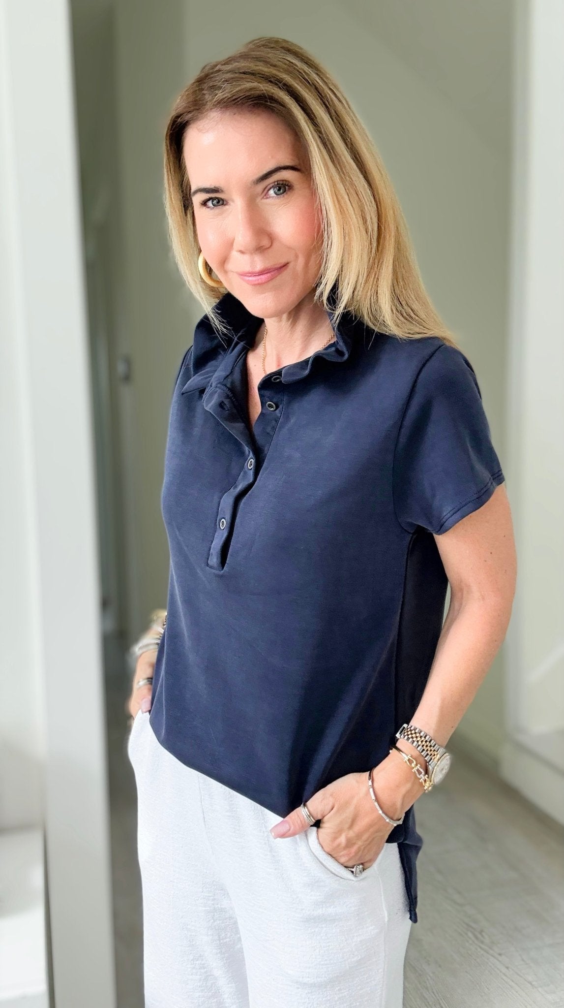 The Juliette Ruffle Top-Navy-110 Short Sleeve Tops-EC COLLECTION INC-Coastal Bloom Boutique, find the trendiest versions of the popular styles and looks Located in Indialantic, FL