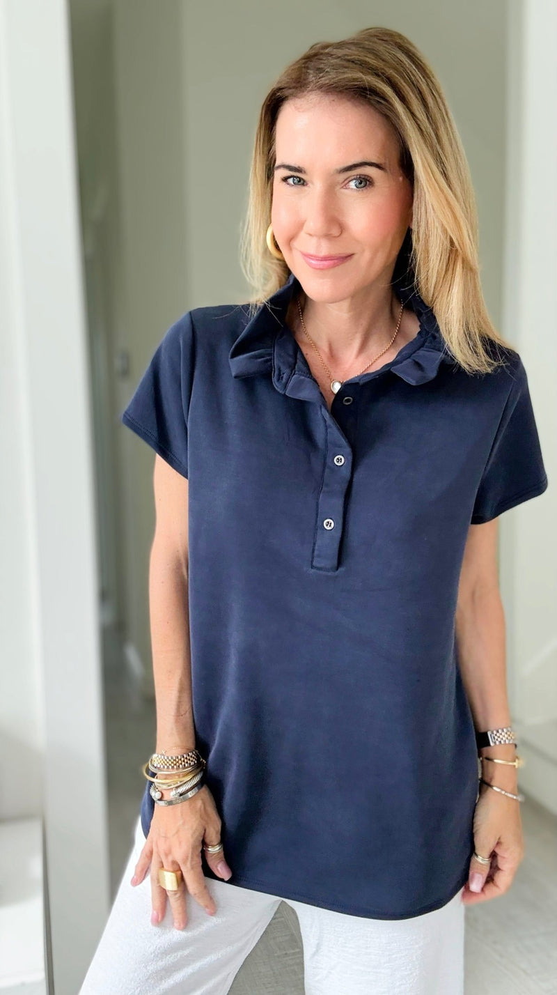 The Juliette Ruffle Top-Navy-110 Short Sleeve Tops-EC COLLECTION INC-Coastal Bloom Boutique, find the trendiest versions of the popular styles and looks Located in Indialantic, FL