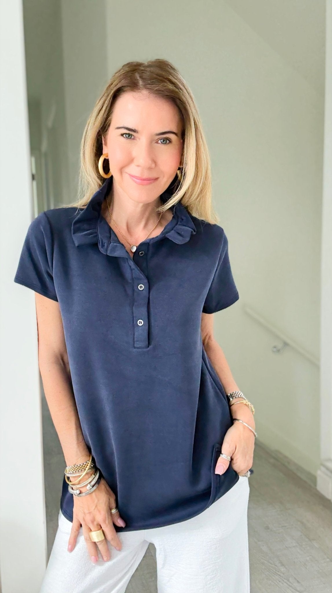 The Juliette Ruffle Top-Navy-110 Short Sleeve Tops-EC COLLECTION INC-Coastal Bloom Boutique, find the trendiest versions of the popular styles and looks Located in Indialantic, FL