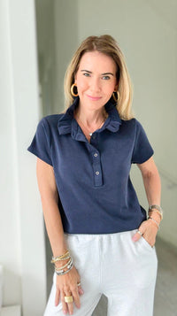 The Juliette Ruffle Top-Navy-110 Short Sleeve Tops-EC COLLECTION INC-Coastal Bloom Boutique, find the trendiest versions of the popular styles and looks Located in Indialantic, FL
