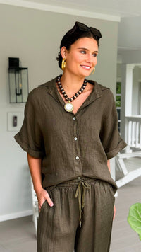 The Marlow Linen Italian Button Top- Army Green