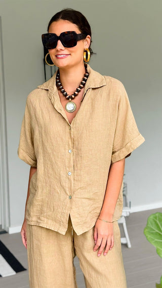 The Marlow Linen Italian Button Top- Light Camel