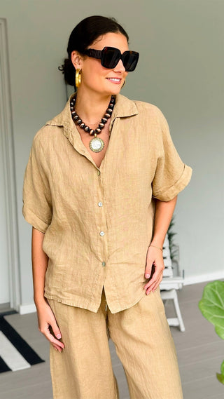The Marlow Linen Italian Button Top- Light Camel