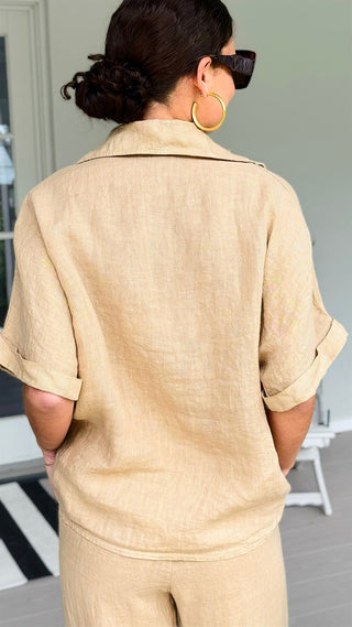 The Marlow Linen Italian Button Top- Light Camel