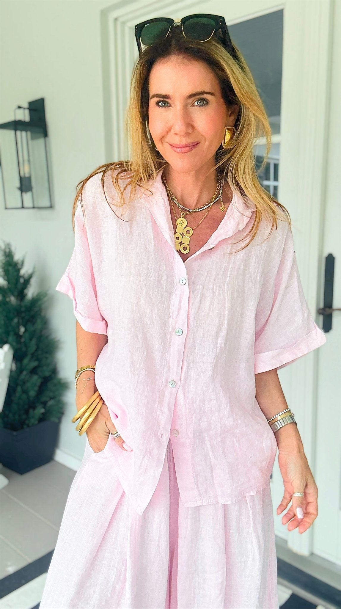 The Marlow Linen Italian Button Top- Light Pink