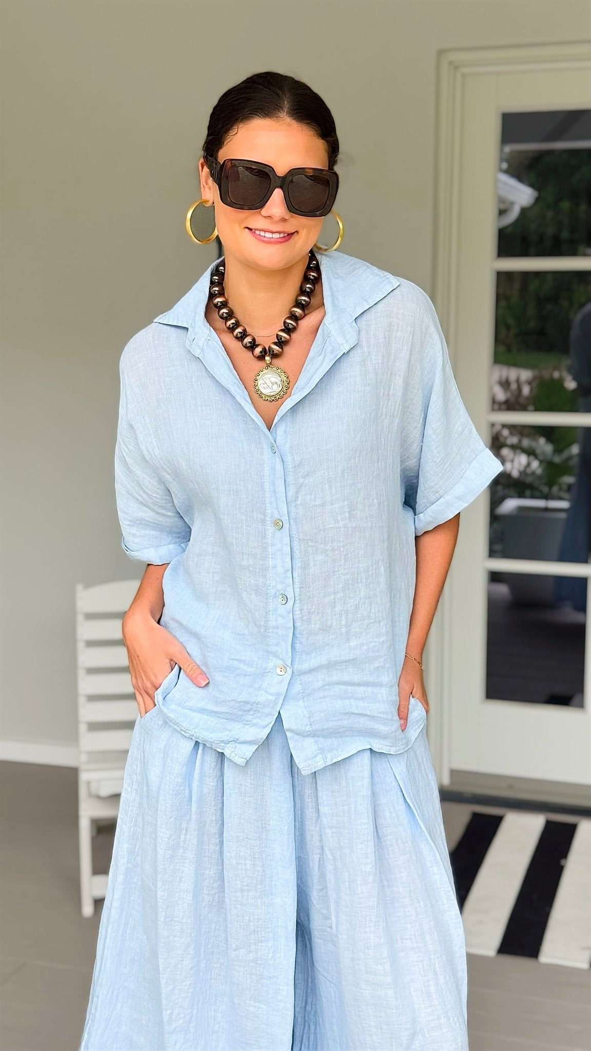 The Marlow Linen Italian Button Top- Sky Blue