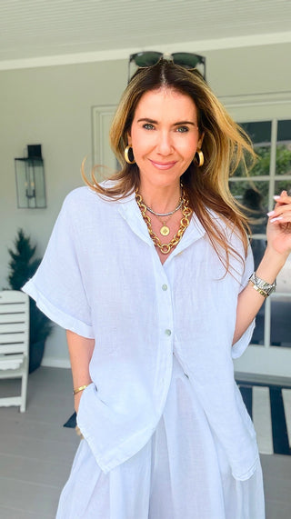 The Marlow Linen Italian Button Top- White