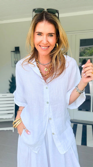 The Marlow Linen Italian Button Top- White