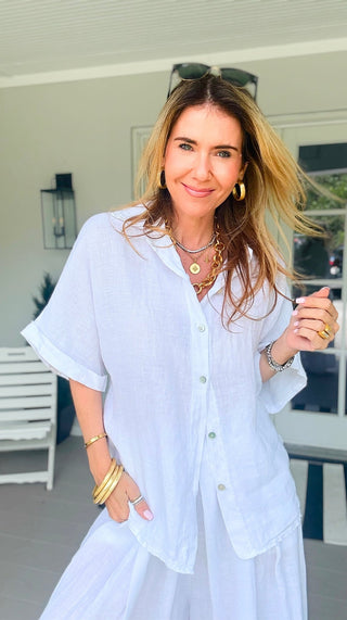 The Marlow Linen Italian Button Top- White