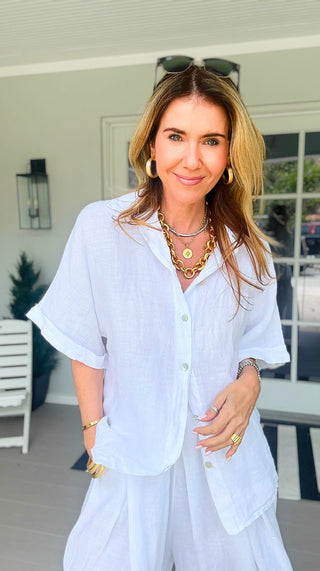 The Marlow Linen Italian Button Top- White