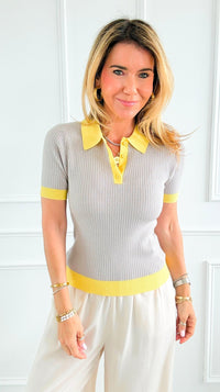 The Modern Prep Ribbed Top - Grey/Yellow