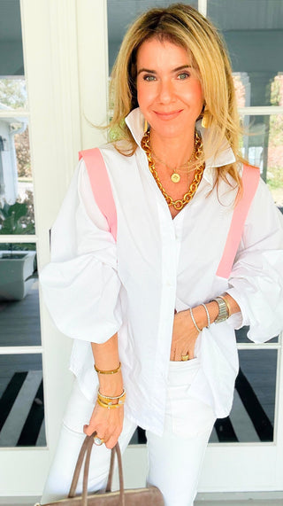 The Refined Edit Italian Button Top- White/Pink