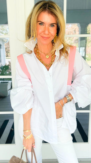 The Refined Edit Italian Button Top- White/Pink