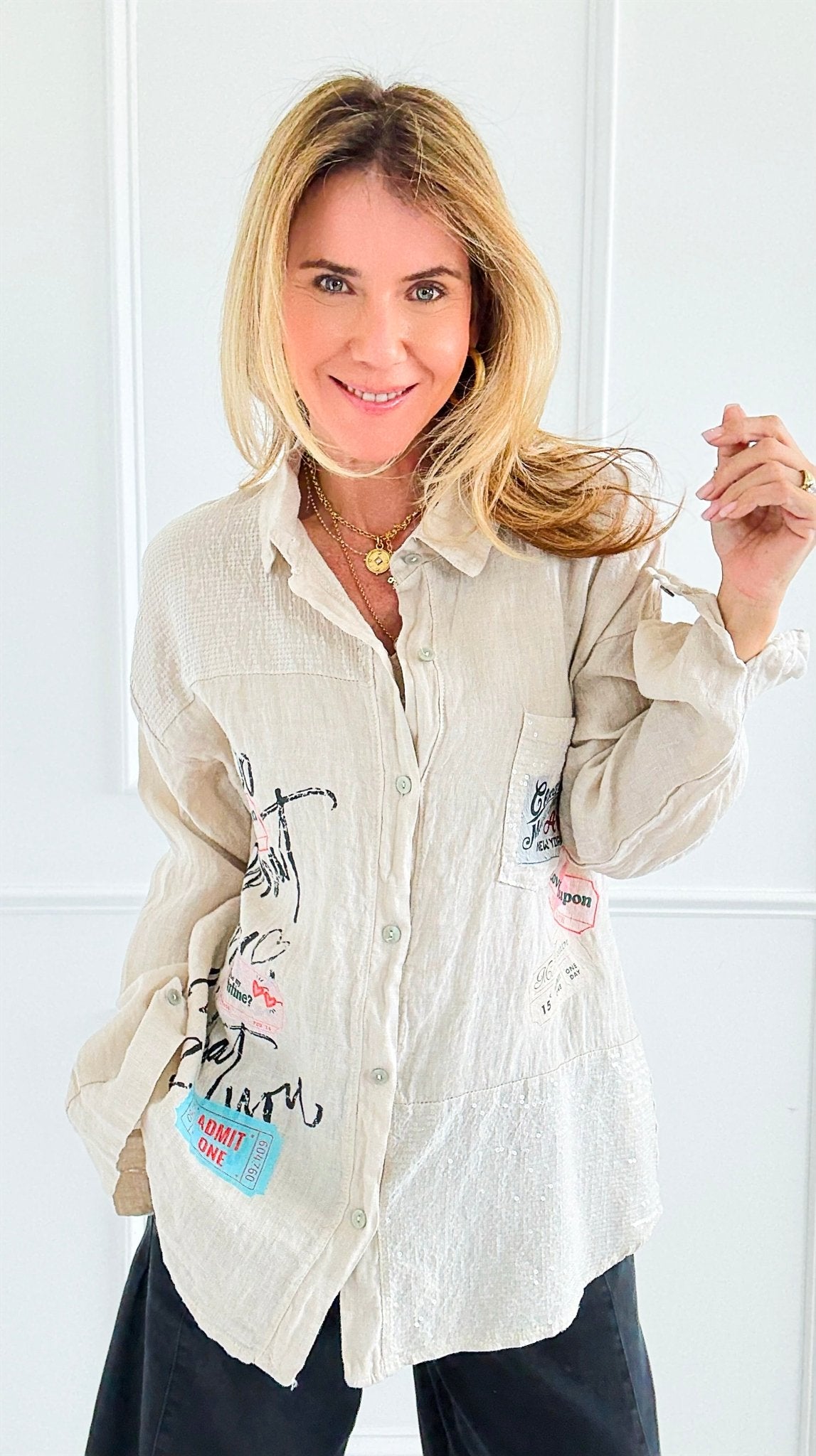 Ticket To Love Italian Button Down Top-110 Long Sleeve Tops-GI STUDIO-Coastal Bloom Boutique, find the trendiest versions of the popular styles and looks Located in Indialantic, FL