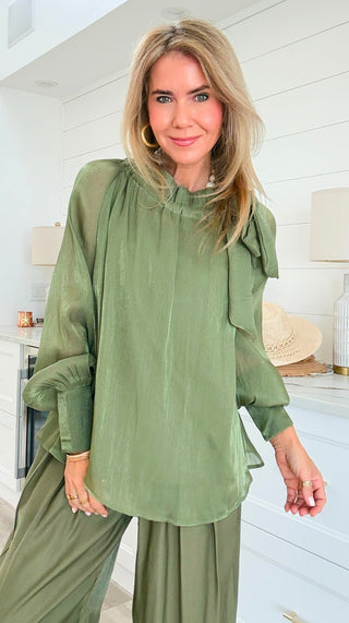 Tie Neck Blouse Top - Olive