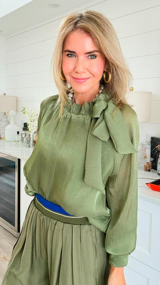 Tie Neck Blouse Top - Olive