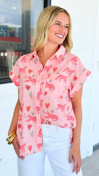 Tiger Heart Print Button Blouse