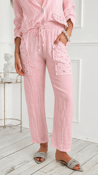 Trendy Pocket Detail Italian Linen Pant - Pink