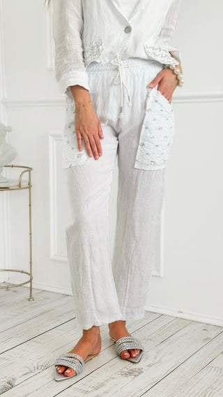Trendy Pocket Detail Italian Linen Pant - White