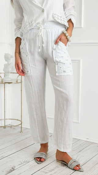 Trendy Pocket Detail Italian Linen Pant - White