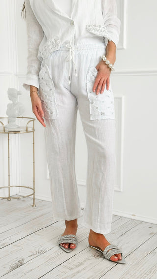 Trendy Pocket Detail Italian Linen Pant - White