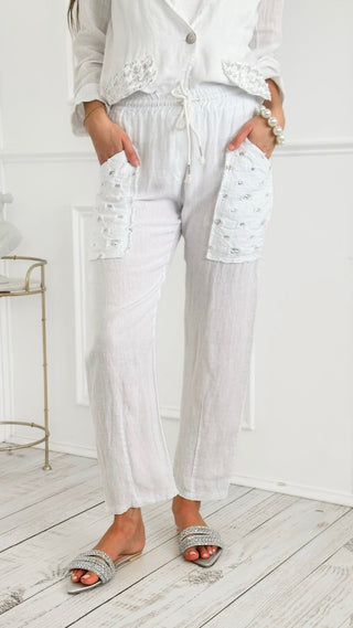 Trendy Pocket Detail Italian Linen Pant - White