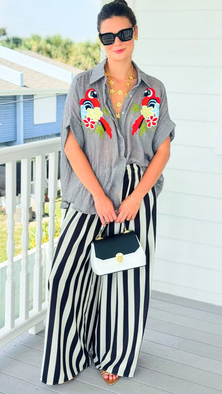 Tropical Bloom Parrot Embroidered Italian Button Top- Heather Grey