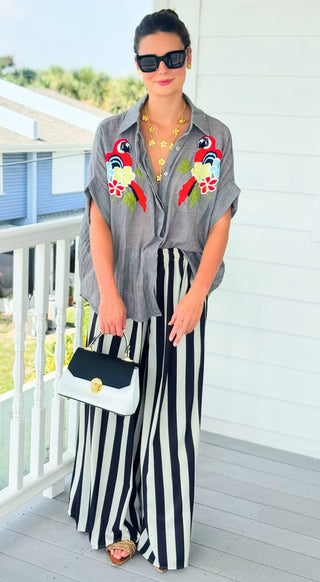 Tropical Bloom Parrot Embroidered Italian Button Top- Heather Grey