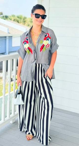 Tropical Bloom Parrot Embroidered Italian Button Top- Heather Grey